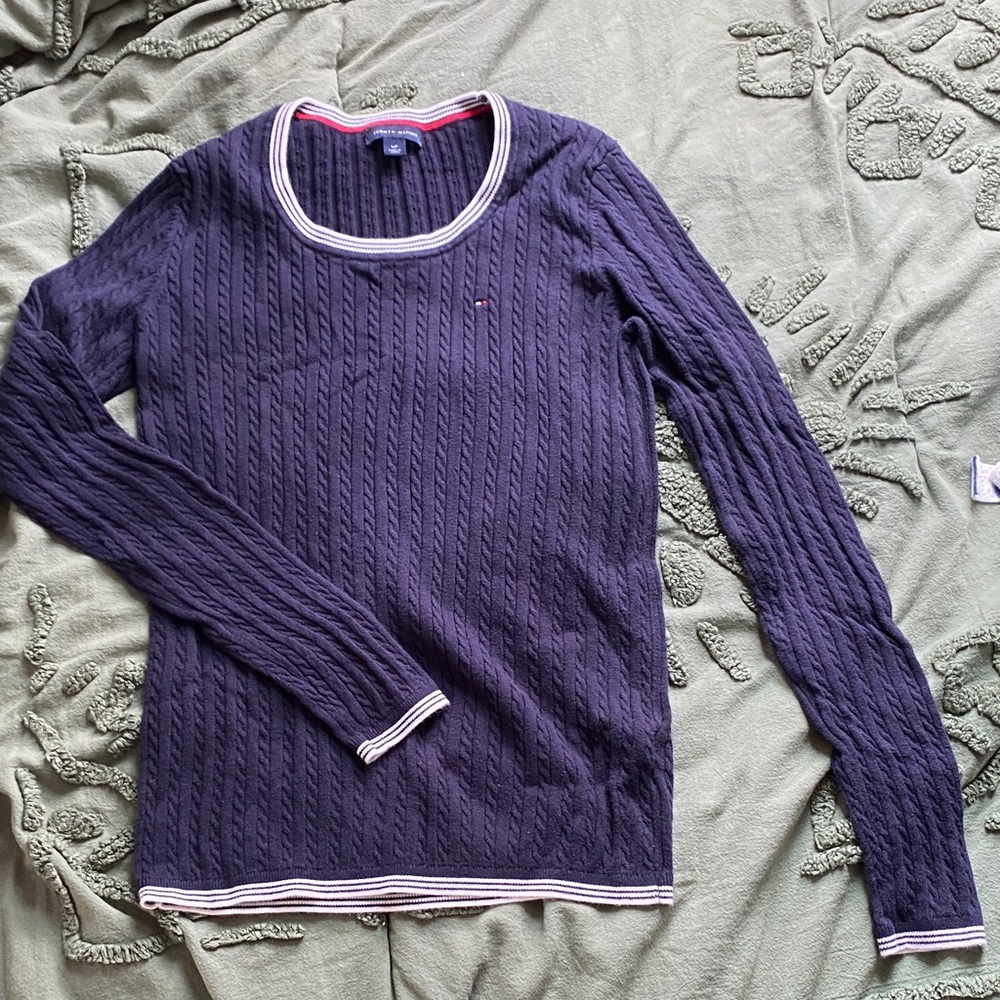 Tommy Hilfiger Navy Blue Cable-Knit Crewneck Sweater with Contrast Trim